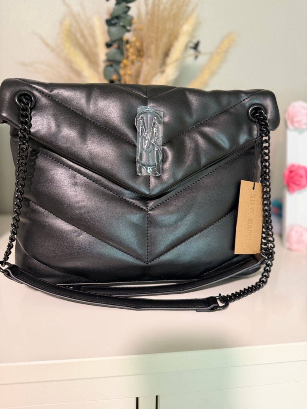 Steve Madden Black Quilted Chevron Shoulder Bag with Chain Strap